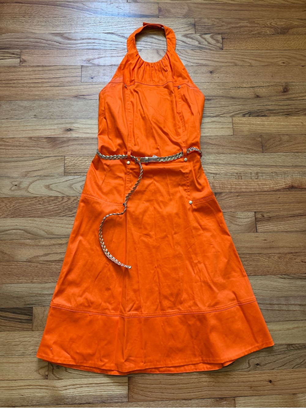 Calvin Klein Vibrant Orange Halter Sundress with Braided Belt